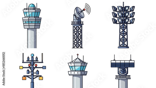 Array of Communication Towers Vector Graphic Depicting Telecommunication Technology