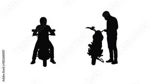 Silhouettes of people riding and interacting with motorcycles in various poses and actions