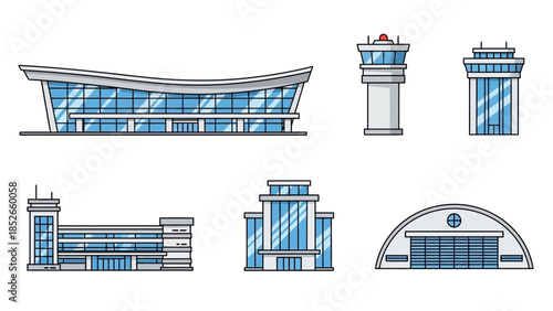 Airport terminal buildings Control tower and modern architecture vector illustration