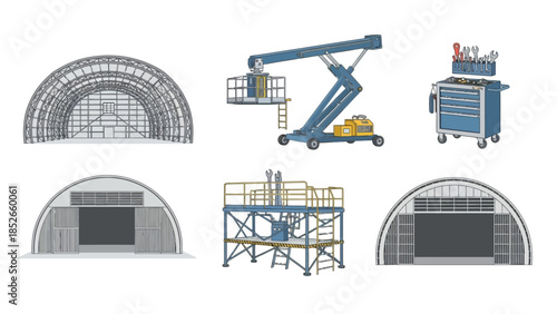 Construction Equipment Scaffolding, Lifts and Tool Cart Illustration