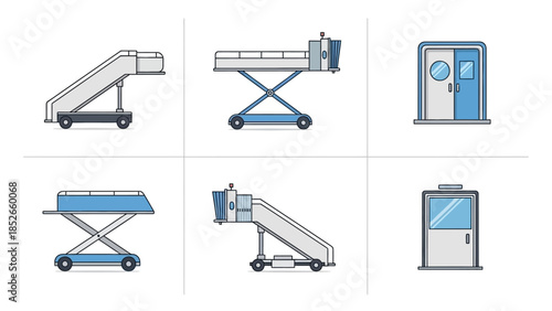 Airport ground service equipment vector icons with boarding stairs and mobile bridge