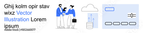 Teamwork, data management, cloud computing, digital technology, business processes, collaboration. Two professionals shaking hands, with icons cloud storage and digital interfaces. Teamwork and data