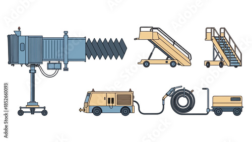 Airport Equipment and Vehicle Set Jet Bridge, Stairs, and Refueling