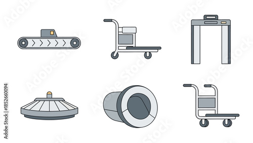 Airport Security Equipment Icons Conveyor Belt, Luggage Cart, Metal Detector & More
