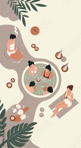 Minimalist Flat Design Spa Day With People Relaxing In Hot Tubs And Nature