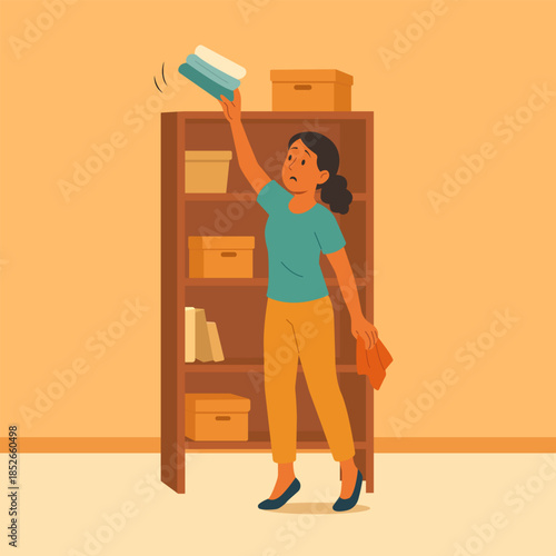 Flat vector illustration of a woman standing near a storage shelf and reaching upward for stacked items. Everyday home activity, simple interior scene, and routine household moment.