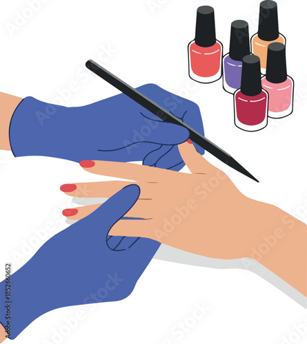 Nail Polish Manicure Application With Blue Gloves And Colorful Bottles