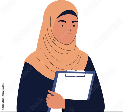 Muslim Woman In Hijab Holding Clipboard Flat Design Minimal Illustration