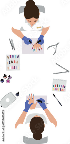 Nail Technician Applying Colorful Polish Flat Design Illustration