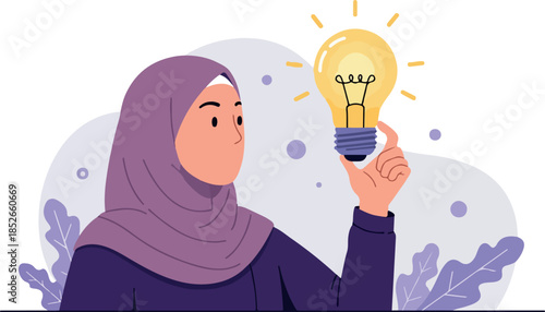 Muslim Woman Idea Light Bulb Creative Innovation Purple Hijab Soft Background