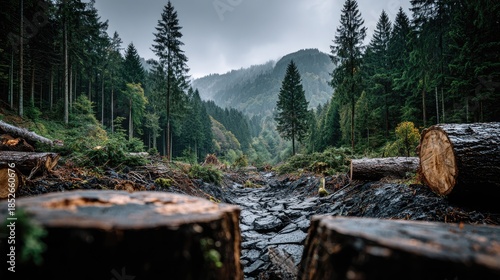 Landscape of deforestation with cut tree trunks and standing forest in background. Concept of environmental damage, logging industry, climate change and nature conservation.