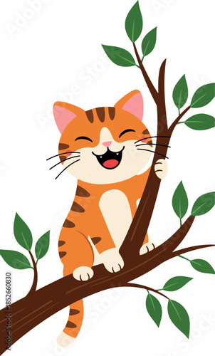 Orange Tabby Cat Climbing Tree Cute Happy Vector Illustration