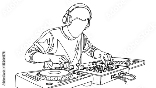 DJ mixing music on turntables with headphones on