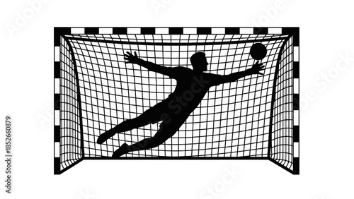 Goalkeeper diving to block soccer ball in net