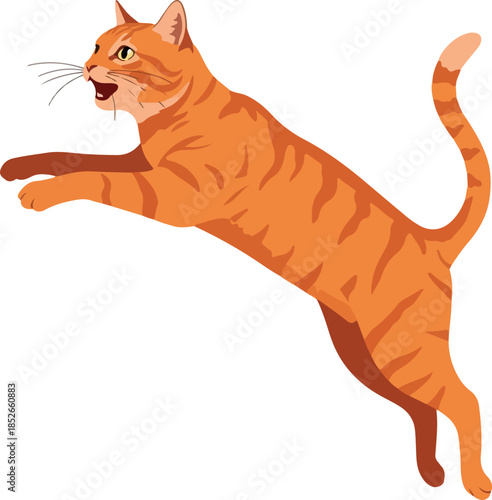 Orange Tabby Cat Leaping Mid-Air with Intense Expression Flat Design