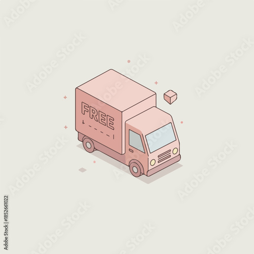 Pastel Pink Free Delivery Truck Minimal Isometric Pixel Art Vector