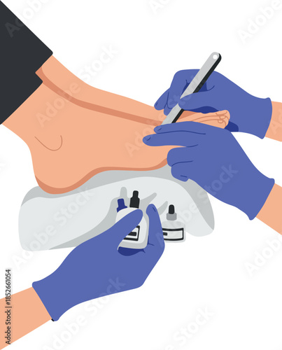 Pedicure Treatment With Blue Gloves And Tools On White Background