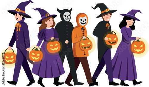 People In Halloween Costumes Holding Jack O Lanterns Vector Art