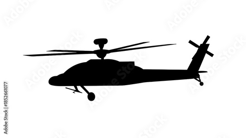 Black helicopter silhouette flying in the sky with rotor blades spinning fast