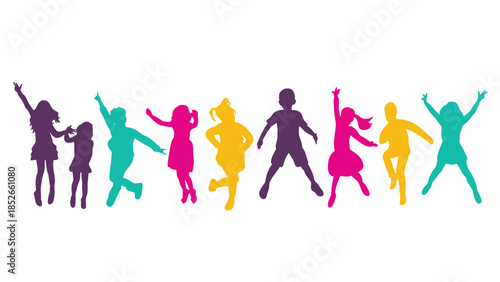 Colorful silhouettes of happy people jumping and dancing together in celebration and joy