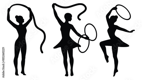 Silhouettes of women performing rhythmic gymnastics with ribbons
