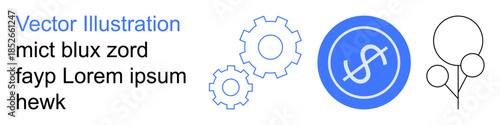 Business processes, financial planning, technology, teamwork, innovation, celebration. Blue dollar symbol with gears and outlined balloons. Financial planning and business processes concept