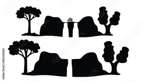 Silhouettes of people on cliffside with trees and rocks