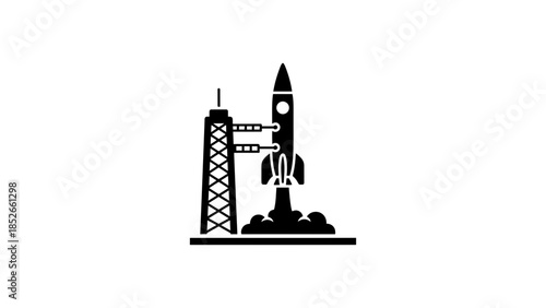 Rocket launch illustration with tower on a white background, space exploration concept