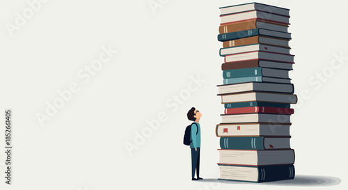 Pixel Art Boy With Backpack Gazing At Tall Stack Of Books Beige Background