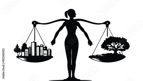 Woman balancing nature and urban life in harmony