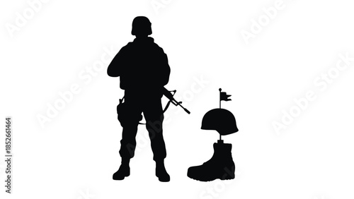 Soldier standing with rifle and military gear silhouette