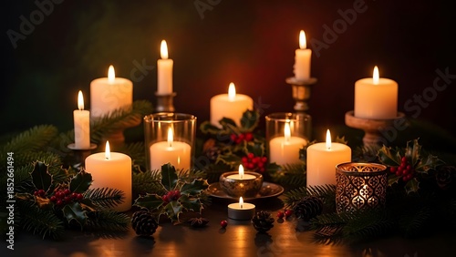 A warm and inviting Christmas scene with numerous glowing candles, festive holly, and pine branches, creating a serene and traditional holiday ambiance perfect for winter celebrations