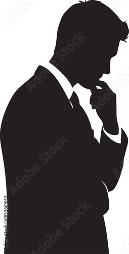 Thoughtful businessman contemplating with hand on chin in deep thought silhouette