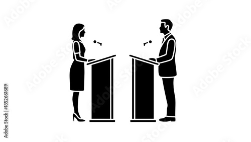 Businessman and businesswoman speaking at podiums