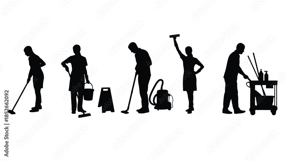 Obraz premium Diverse group of cleaners working together, showcasing various cleaning tasks and equipment.