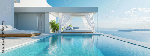 Modern outdoor lounge area with a pool and sea view in a sunny location