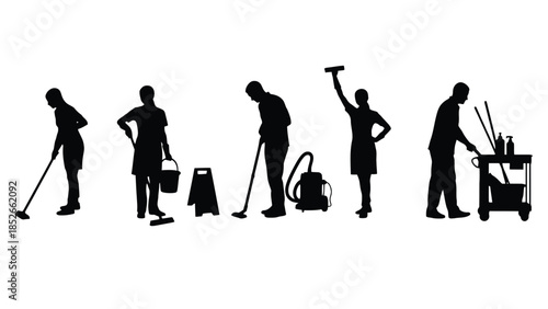 Diverse group of cleaners working together, showcasing various cleaning tasks and equipment.