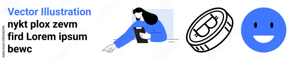 Fototapeta premium Digital finance, cryptocurrency trends, payment innovation, financial analysis, online security, modern identity. Person pointing while holding a clipboard, Bitcoin coin happy face. Digital finance