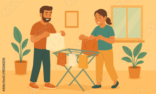 Flat vector illustration of a couple standing at home and handling fabric items on a folding stand. Everyday indoor interaction, simple home interior, shared routine and calm domestic moment.