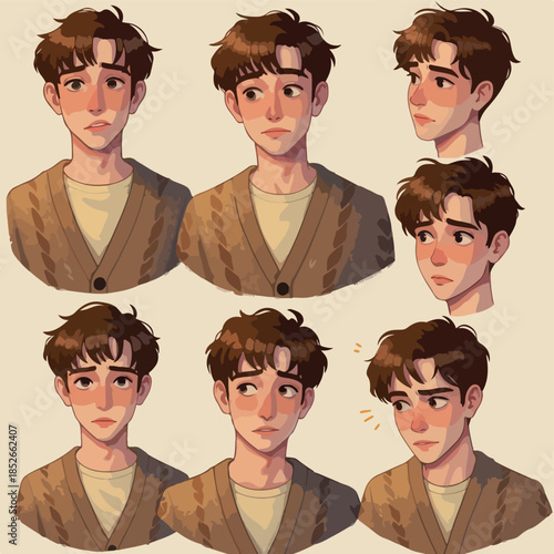 Pixel Art Character Portrait Various Expressions Brown Cardigan Warm Tones