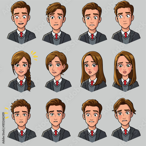 Pixel Art Character Portraits Diverse Emotions School Uniform Style