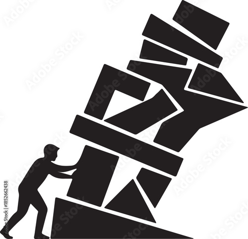 person pushing heavy stone blocks uphill symbolizing effort hard work and overcoming challenges