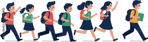 Pixel Art Children Running School Backpacks Casual Outfits White Background