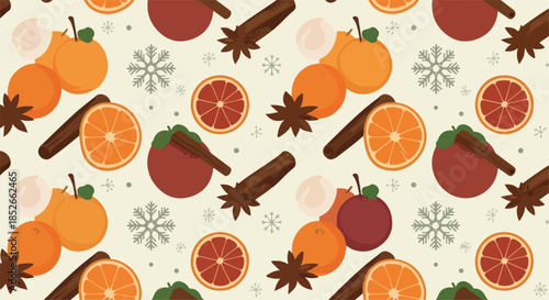 Pixel Art Christmas Citrus Pattern With Oranges And Spices On Cream Background