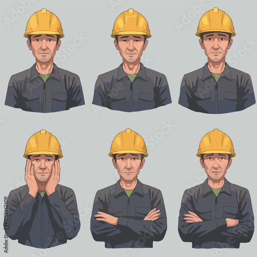 Pixel Art Construction Worker Emotions Yellow Hard Hat Blue Overalls Flat Grey BG