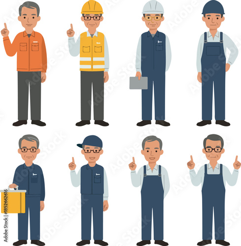 Pixel Art Construction Workers Pointing Up In Blue And Orange Outfits