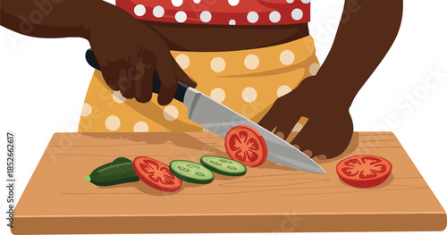 Pixel Art Cooking Woman Slicing Tomato and Cucumber on Wooden Board