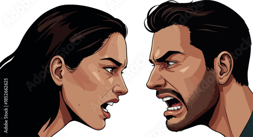 Pixel Art Couple Arguing Angry Faces Intense Conflict White Background
