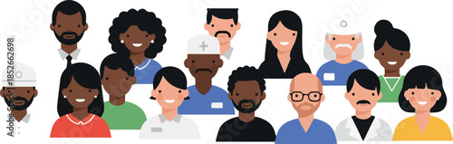 Pixel Art Diverse Group of People Healthcare Professionals and Citizens White Background