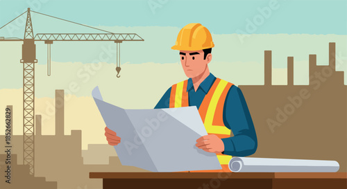 Pixel Art Engineer Reading Blueprints At Construction Site